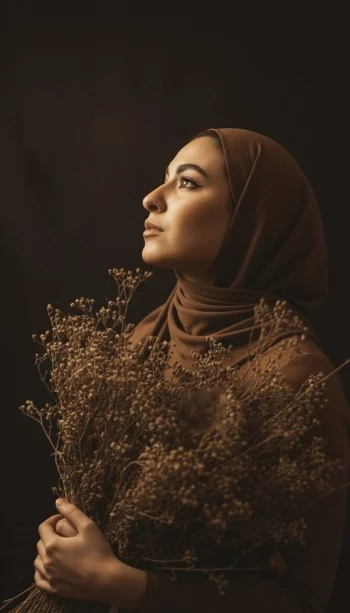 Woman in Brown Hijab Holding Dried Flowers in Warm Artistic Portrait