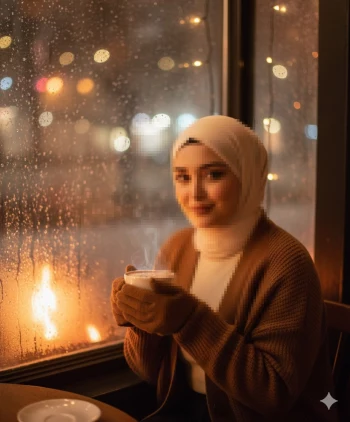 Woman in cream hijab enjoying hot coffee by rainy café window at night