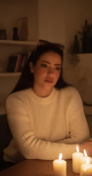 Woman in Cream Sweater Sitting by Candlelight in a Warm Cozy Room