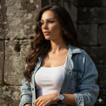 Woman in denim jacket and white top standing by stone wall in sunlight