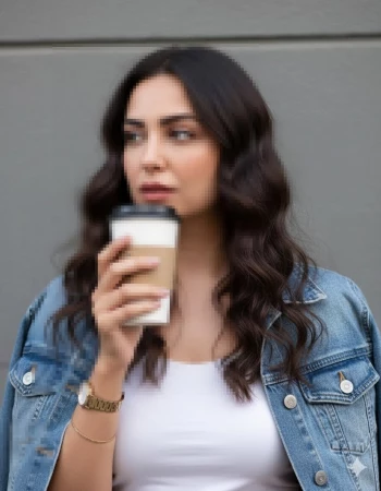 Woman in denim jacket holding a coffee cup against a gray wall