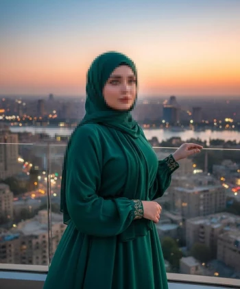 Woman in elegant green hijab standing on rooftop at sunset overlooking city