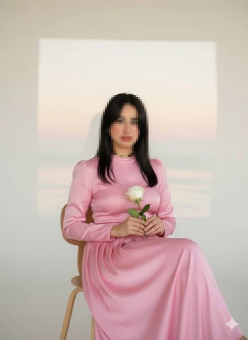 Woman in Elegant Pink Dress Holding White Rose Sitting on Wooden Chair