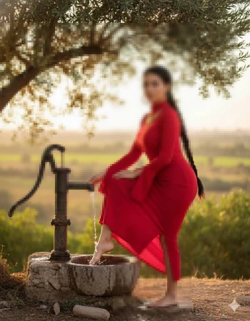 Woman in elegant red dress washing foot at rustic water pump in countryside
