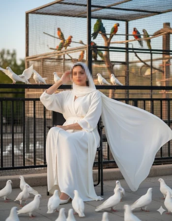Woman in elegant white abaya sitting among doves near colorful parrots