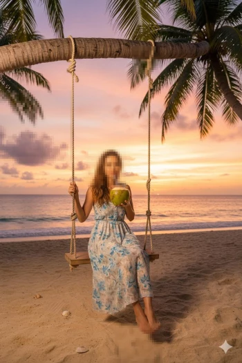 Woman in floral dress relaxing on beach swing with coconut at sunset