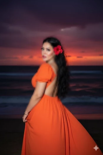 Woman in Flowing Orange Dress by the Beach at Sunset