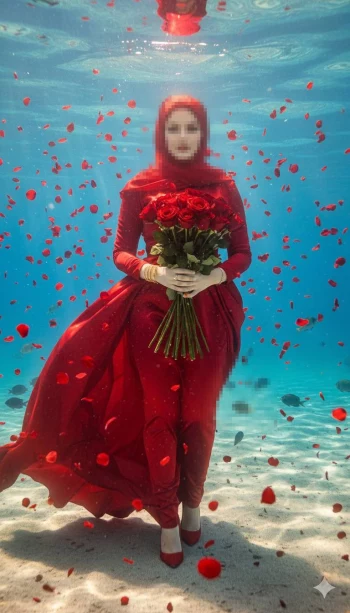 Woman in Flowing Red Dress Holding Roses Underwater with Floating Petals