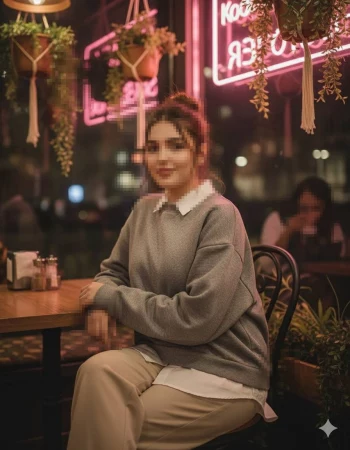 Woman in gray sweater sitting at cozy café with warm evening neon lights