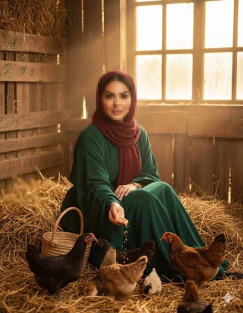 Woman in green dress and maroon hijab feeding chickens inside rustic barn