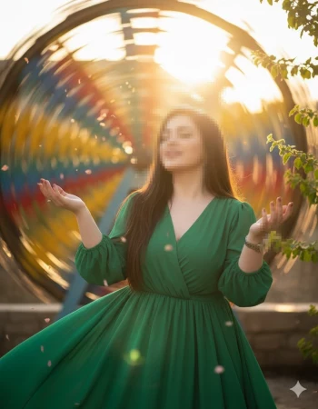 Woman in green dress enjoying sunlight with colorful spinning background