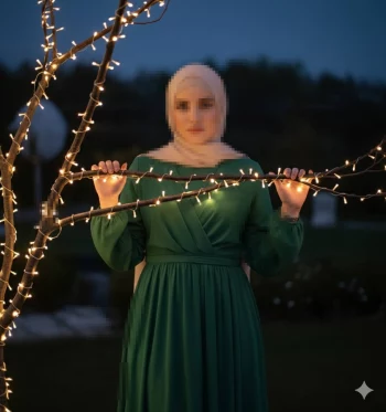 Woman in Green Dress Holding Fairy Lights on Tree at Night