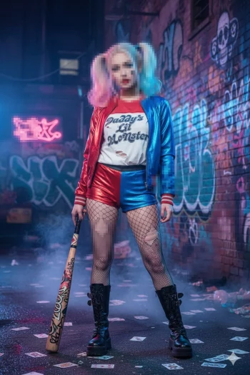 Woman in Harley Quinn Costume Holding Bat in Neon Graffiti Alley