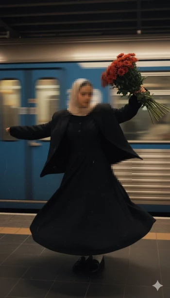 Woman in hijab dancing with red flowers on subway platform