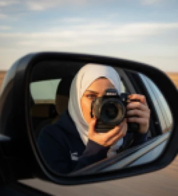 Woman in Hijab Taking Photo with Nikon Camera Reflected in Car Side Mirror