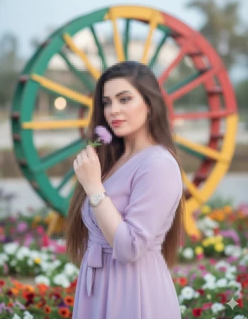 Woman in lavender dress holding flower in colorful garden with Ferris wheel