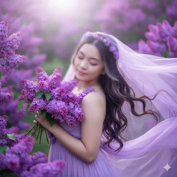 Woman in lavender dress holding lilac bouquet in blooming purple garden