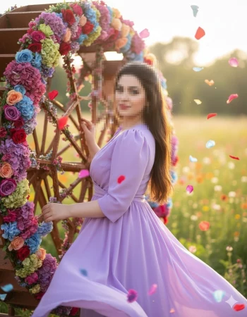 Woman in lavender dress standing by colorful floral arch in sunny garden