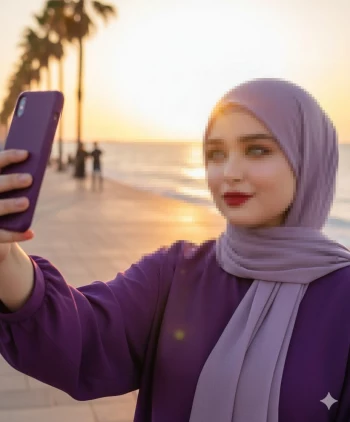 Woman in lavender hijab taking a selfie by the sea during golden sunset