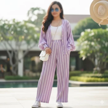 Woman in lavender striped outfit posing stylishly outdoors in sunny weather