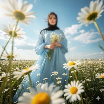 Woman in light blue dress holding daisies in sunny flower field