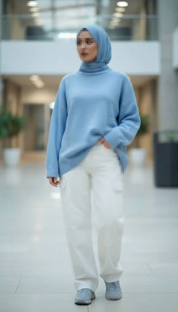 Woman in Light Blue Hijab and Sweater Walking in Modern Hallway