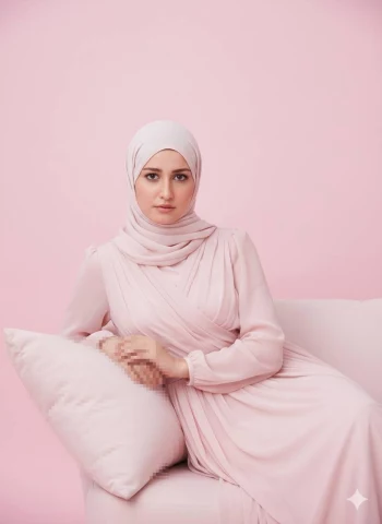 Woman in Light Pink Hijab Sitting Gracefully on Pastel Sofa