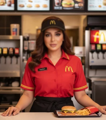 Woman in McDonald’s Uniform Serving Burger and Fries at Counter