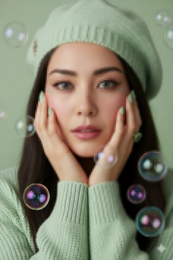 Woman in Mint Green Beret and Sweater with Floating Bubbles