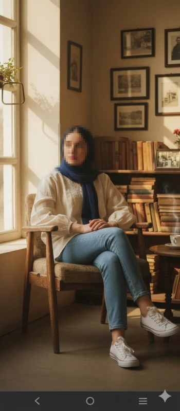 Woman in navy hijab sitting by sunny window in cozy vintage library