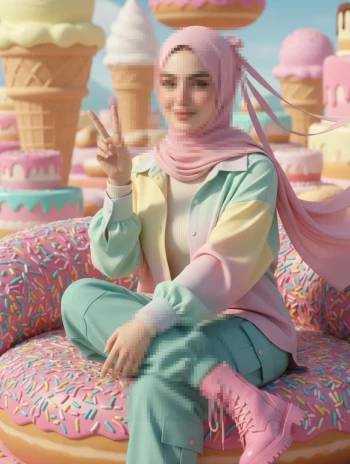 Woman in pastel outfit sitting on a giant donut in a colorful candy-themed world