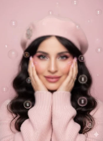 Woman in pink beret and sweater posing with bubbles on soft pastel background