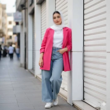 Woman in pink blazer and white hijab posing stylishly on a city street