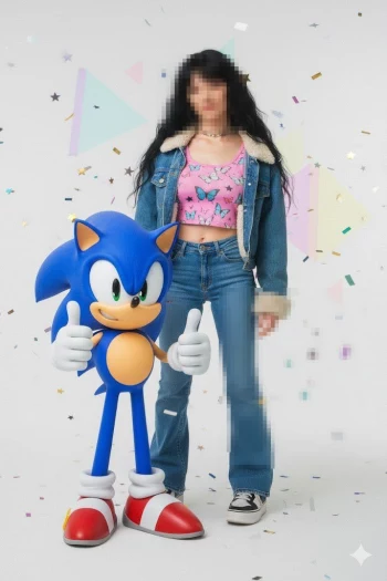 Woman in pink butterfly top posing with Sonic character amid colorful confetti