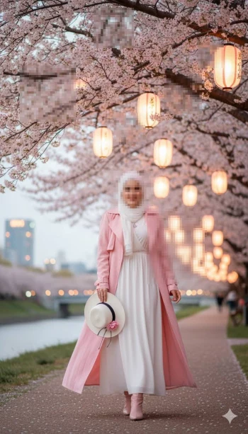 Woman in pink coat walking under cherry blossoms with lanterns at sunset