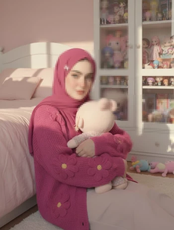 Woman in Pink Hijab Holding Doll in Cozy Pastel Bedroom