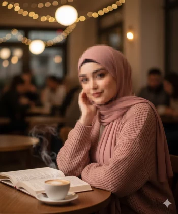 Woman in pink hijab reading a book with coffee in a cozy café setting