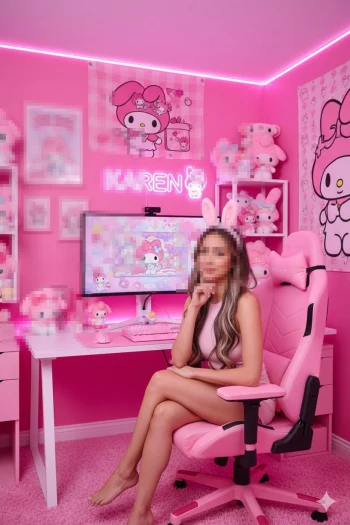 Woman in Pink My Melody Gaming Room with Neon Lights and Cute Decor