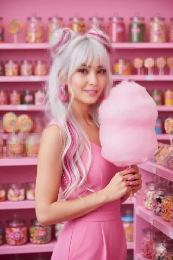 Woman in Pink Outfit Holding Cotton Candy in Colorful Candy Shop