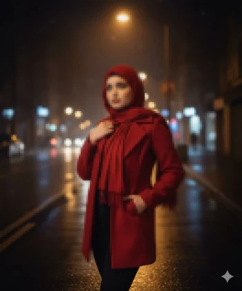 Woman in red coat and hijab standing on a rainy city street at night