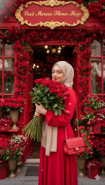 Woman in red dress holding bouquet of roses in front of a flower shop