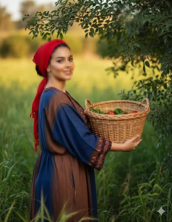 Woman in red headscarf holding basket of fresh vegetables in green field