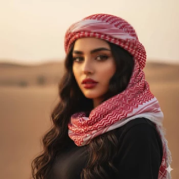 Woman in Red Keffiyeh Posing Elegantly in the Desert at Golden Hour