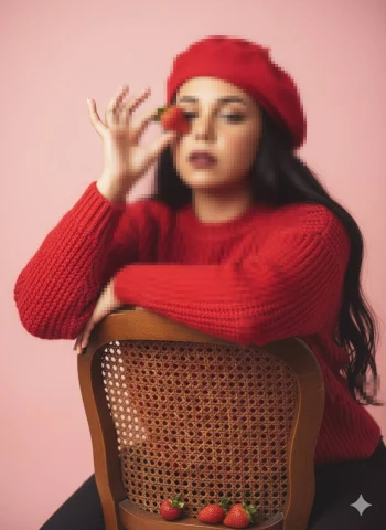 Woman in red sweater and beret posing with strawberry against pink background
