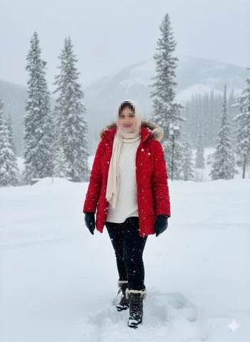 Woman in Red Winter Coat Smiling in Snowy Mountain Landscape