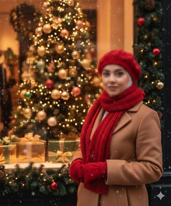 Woman in red winter outfit standing by decorated Christmas tree with golden lights