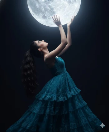 Woman in Teal Dress Reaching Up to Touch the Glowing Full Moon