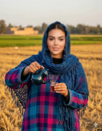 Woman in traditional blue scarf pouring tea in rural field at sunset