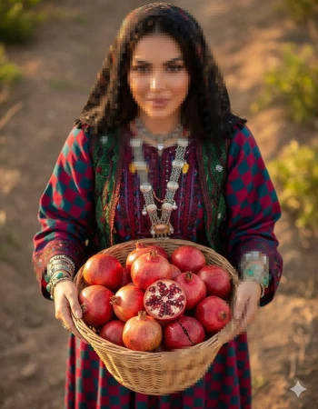 Woman in traditional dress holding a basket of pomegranates in warm sunlight