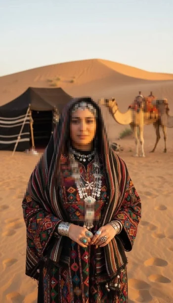 Woman in traditional embroidered dress standing in desert with camel and tent